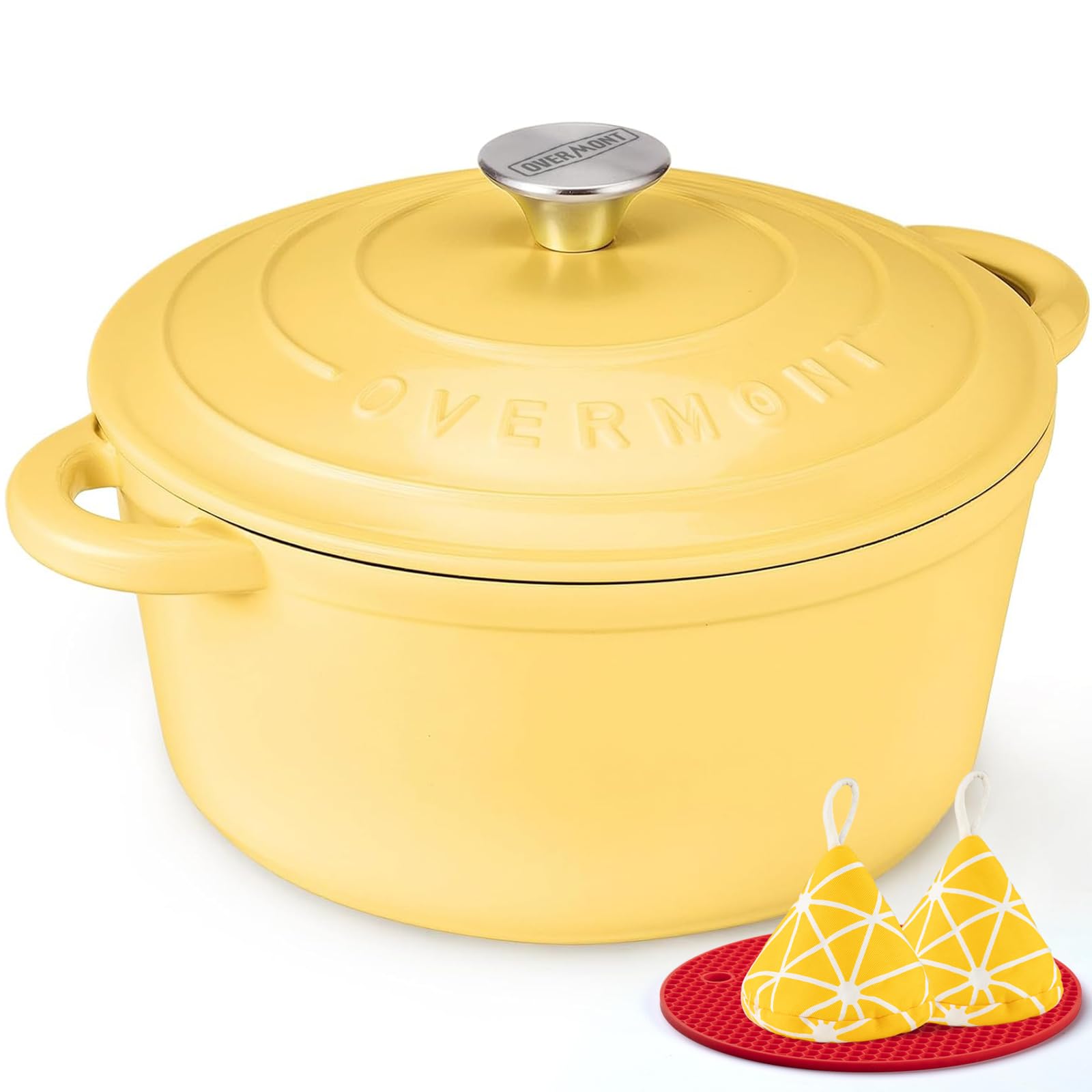 Overmont - Horno holandés de hierro fundido esmaltado, olla de 5.5 cuartos con tapa, libro de cocina y agarraderas de algodón, utensilios de cocina resistentes para estofar, guisos, asar, hornear pan