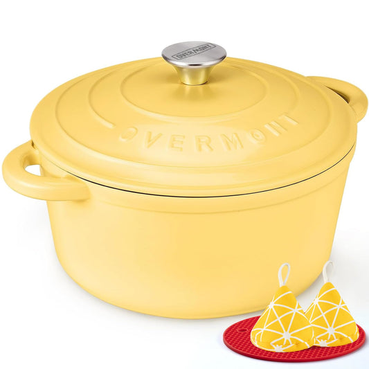 Overmont - Horno holandés de hierro fundido esmaltado, olla de 5.5 cuartos con tapa, libro de cocina y agarraderas de algodón, utensilios de cocina resistentes para estofar, guisos, asar, hornear pan