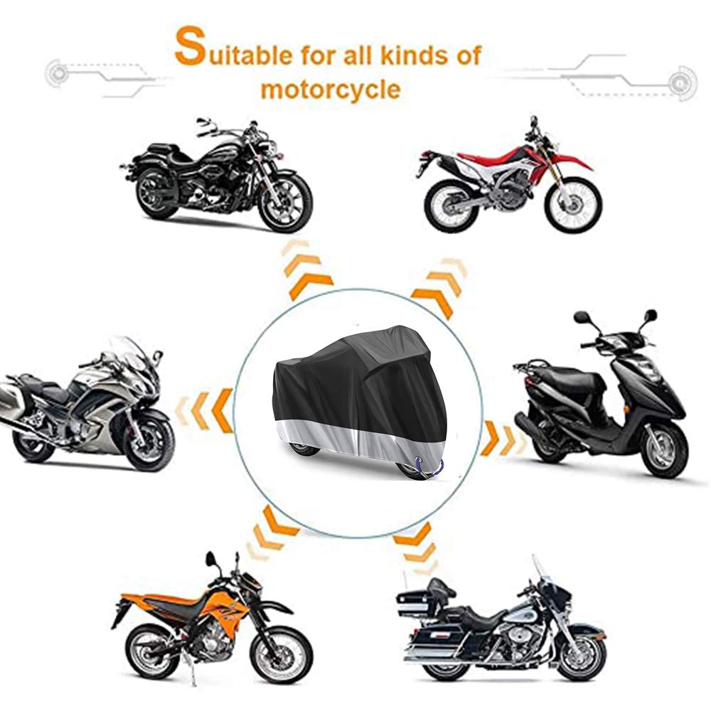 Cubierta para Motocicletas Bicicleta Impermeable Protección - Protector de Motocicleta con 2 Orificios de Bloqueo y el Bolso del Almacenaje XL (Negro y Plata)