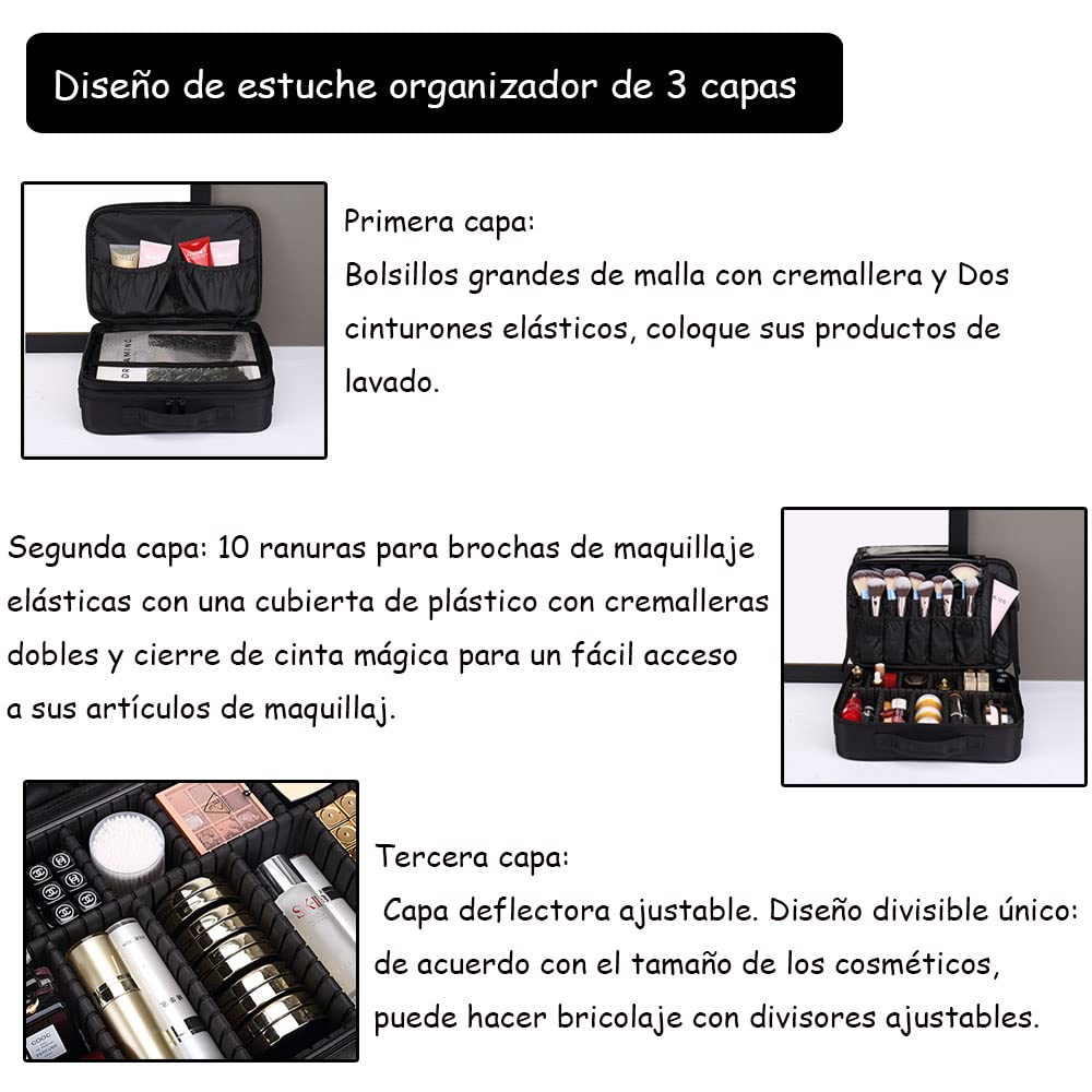 Bolsa de Maquillajede Viaje Estuche Organizador - Bolsa de Cosméticos Impermeable Portátil con Hombro Ajustable y Divisor Ajustable para Pinceles y Herramientas de Belleza (3 Layer, 34x23x12cm,Negro)