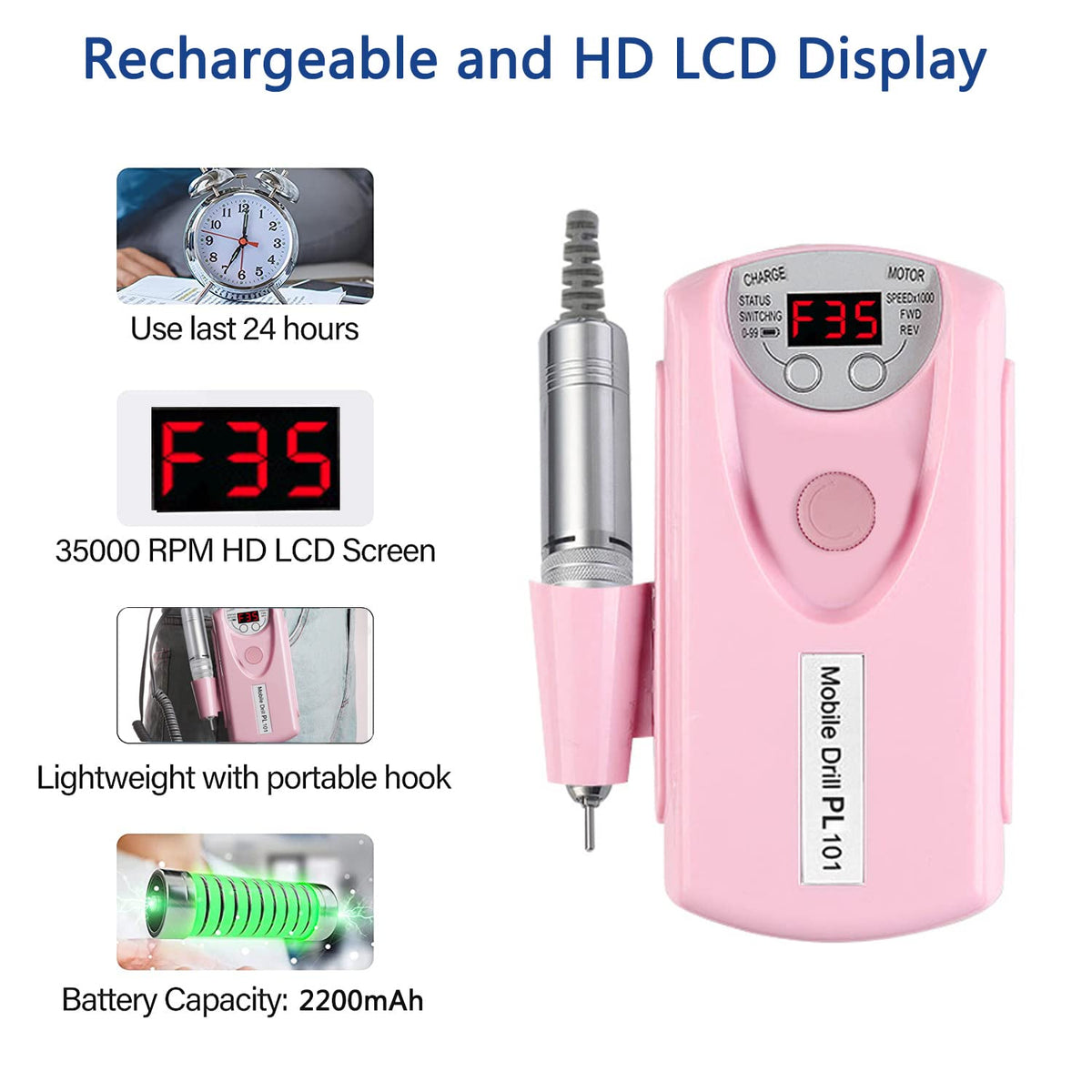 Máquina Taladro de Uñas Recargable Profesional Rosa 35000 RPM con Herramientas de Pulido para Manicura y Pedicura
