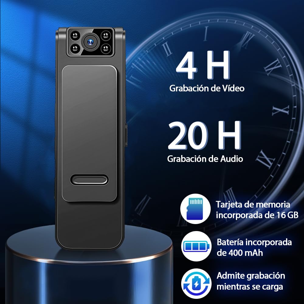 BILIBON 16GB Mini Grabadora Voz Digital con Cámara, Grabadora Recargable Portátil Magnética, WiFi Incorporado para Conectar Al Teléfono Móvil, Cámara Ajustable a 90°, Grabación Gran Angular 1080p HD