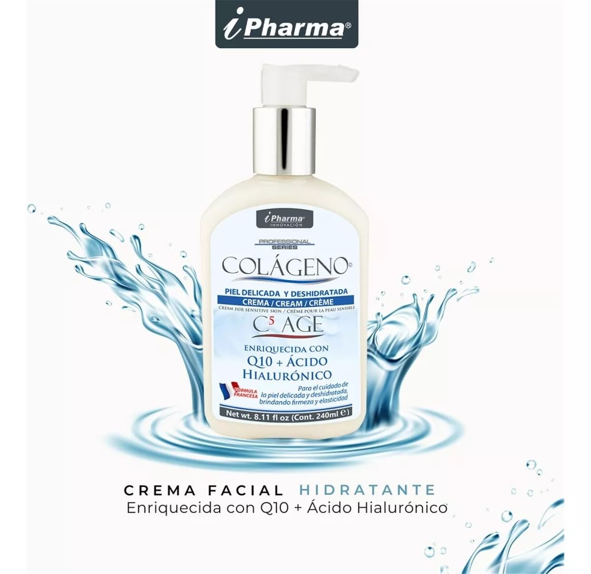 Crema con Péptidos de Colágeno tipo l lll llV Vll y XVll Enriquecida con Ácido Hialurónico, Q10 Colágeno C5 AGE 240 ml