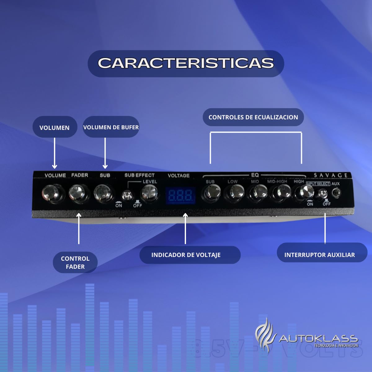 AUTOKLASS-Ecualizador 5 Bandas Efecto Epicentro 9 Volts. Entrada vía RCAs, Auxiliar. Salidas RCAs