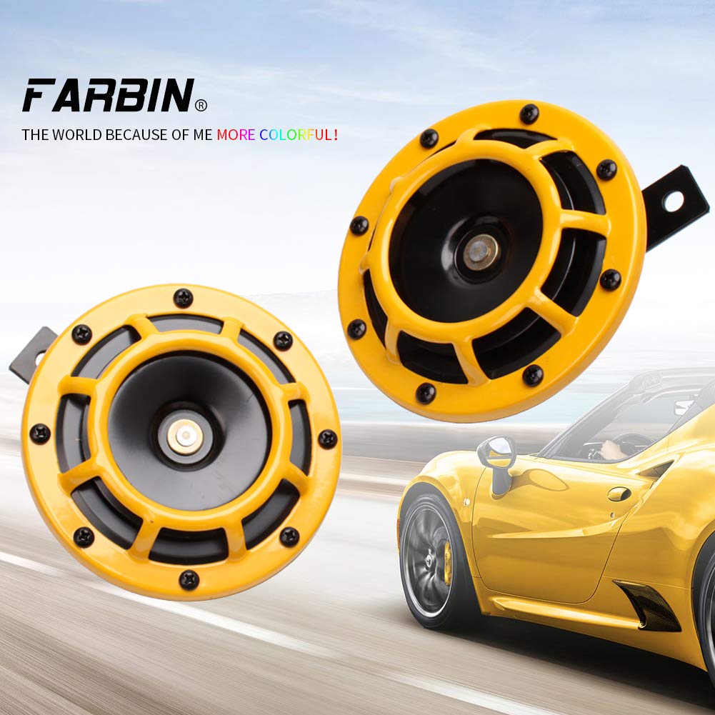 FARBIN - Bocina de coche de 12 V, tono alto/tono bajo, bocinas de tren súper ruidosas para coche, camión, metal, doble bocina, con parrilla protectora (amarillo)