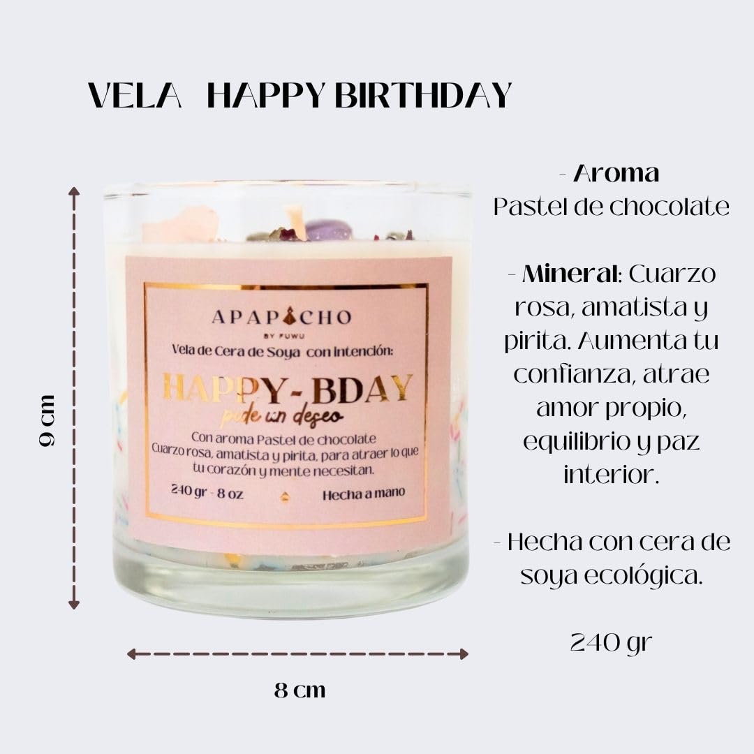 Fuwu, velas aromaticas relajantes Happy Birthday cera de soya con cuarzos naturales, velas decorativas hechas a mano con hierbas, aromatizantes para hogar, regalos de cumpleaños (Pastel de chocolate)