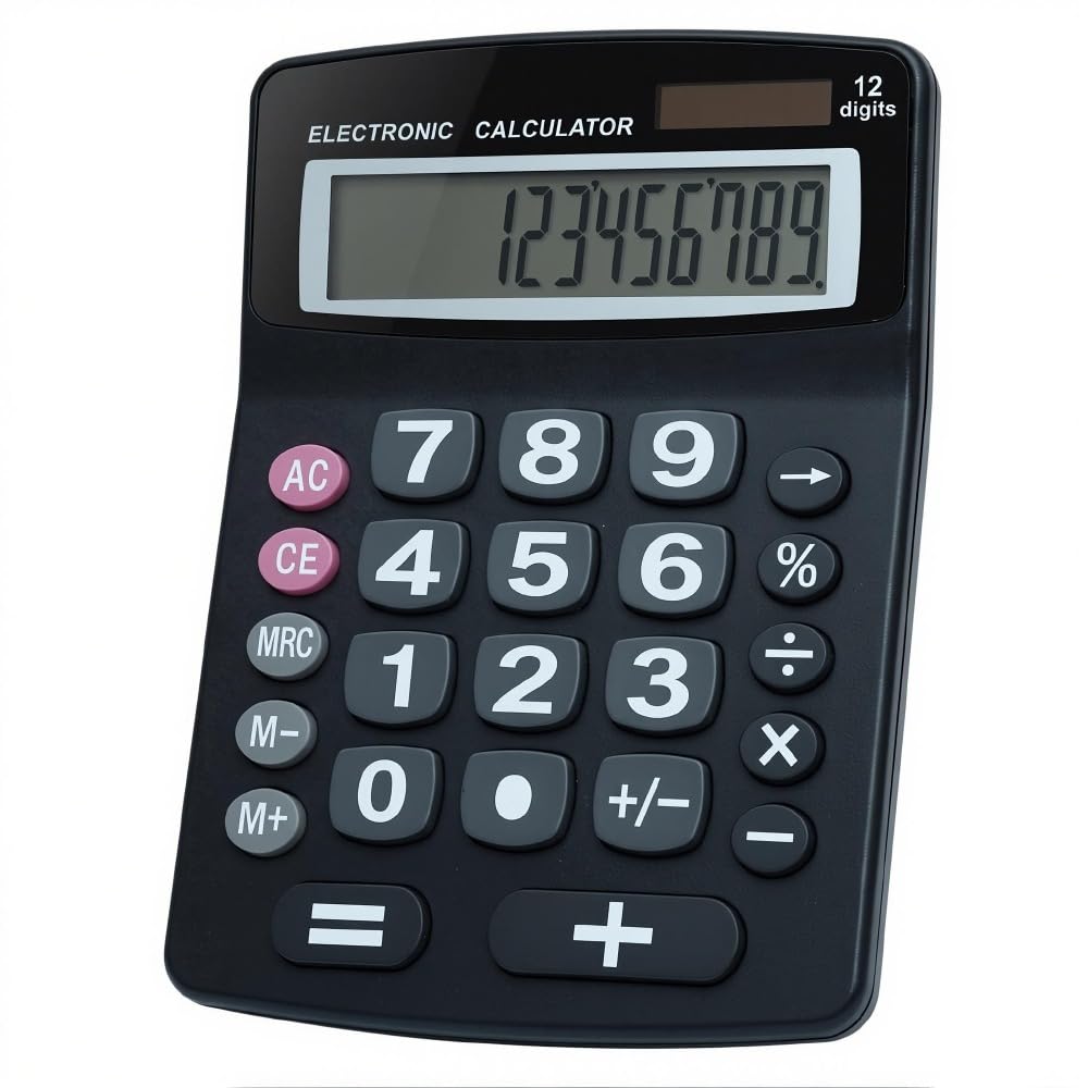 Calculadora Jumbo de 12 Dígitos Lily' Home Negra con Energía Solar y Pantalla LCD Grande