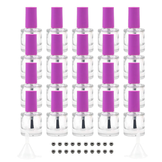 GTHER 20 Botellas Vacías de Esmalte de Uñas de 8 ml, Botellas Recargables de Vidrio Transparente con Tapa de Cepillo, Embudo y Bolas de Mezcla para Arte de Uñas, Morado