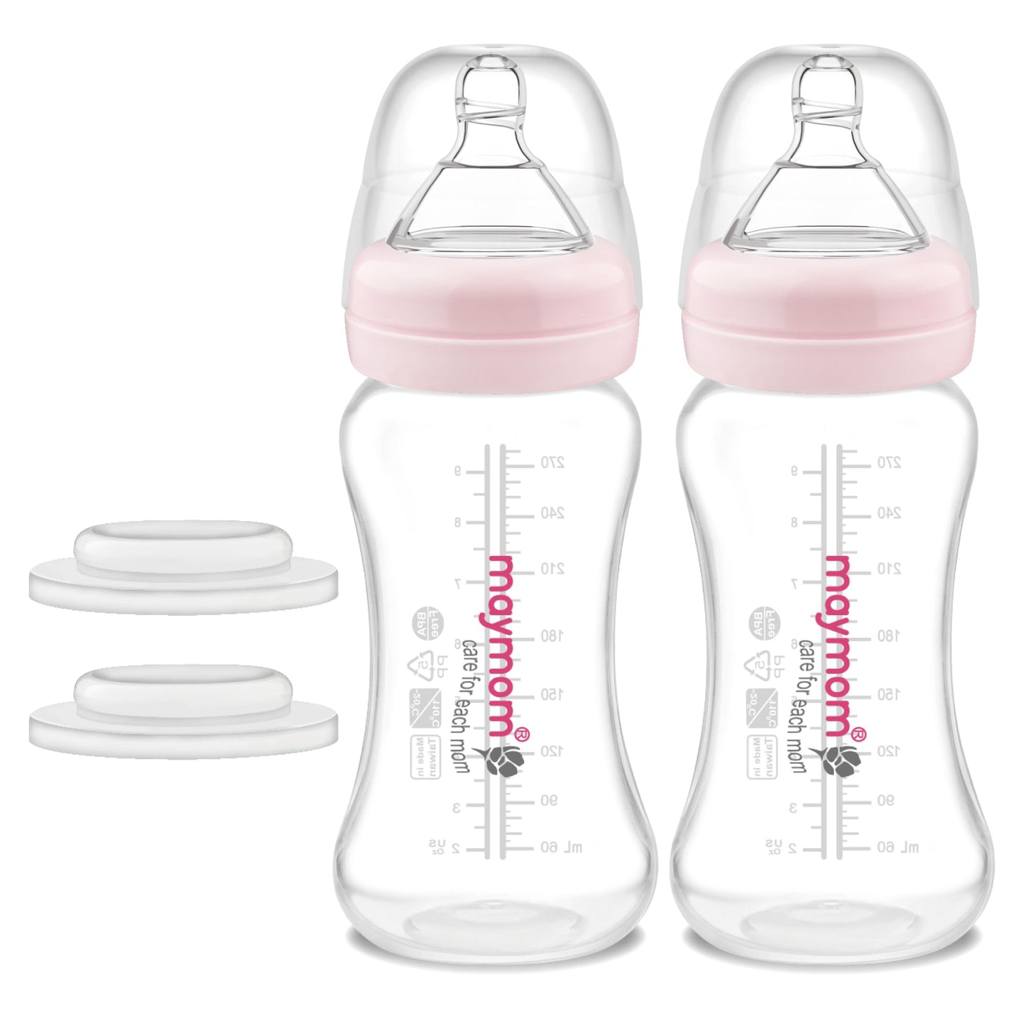 Maymom botella de boca ancha para recolección, almacenamiento y alimentación de leche materna con tetina, tapa tipo cúpula rosa, tapa superior de botella y disco de sellado SureSeal; compatible con extractores Spectra / Motif Luna; 2 piezas (9 oz / 280 ml