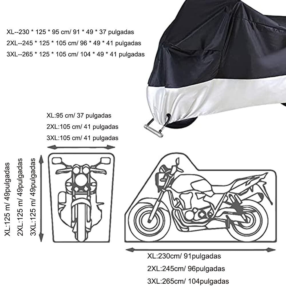 Jiula Cubierta Impermeable para Motocicletas 210D XL - Funda para Moto Protectora a Prueba de UV Lluvia Polvo Viento Nieve Excremento de Pájaro al Aire Libre (230 * 125 * 95 cm, Negro y Plata)