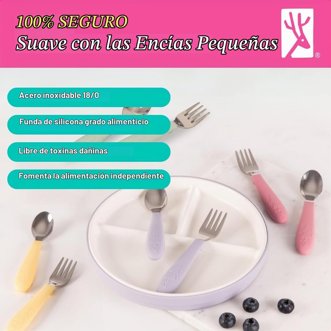 Elk and Friends - Cubiertos para niños con mango de silicona | Cubiertos seguros para niños | Utensilios para niños pequeños | Cucharas + tenedores | Cubiertos de acero inoxidable | Apto para