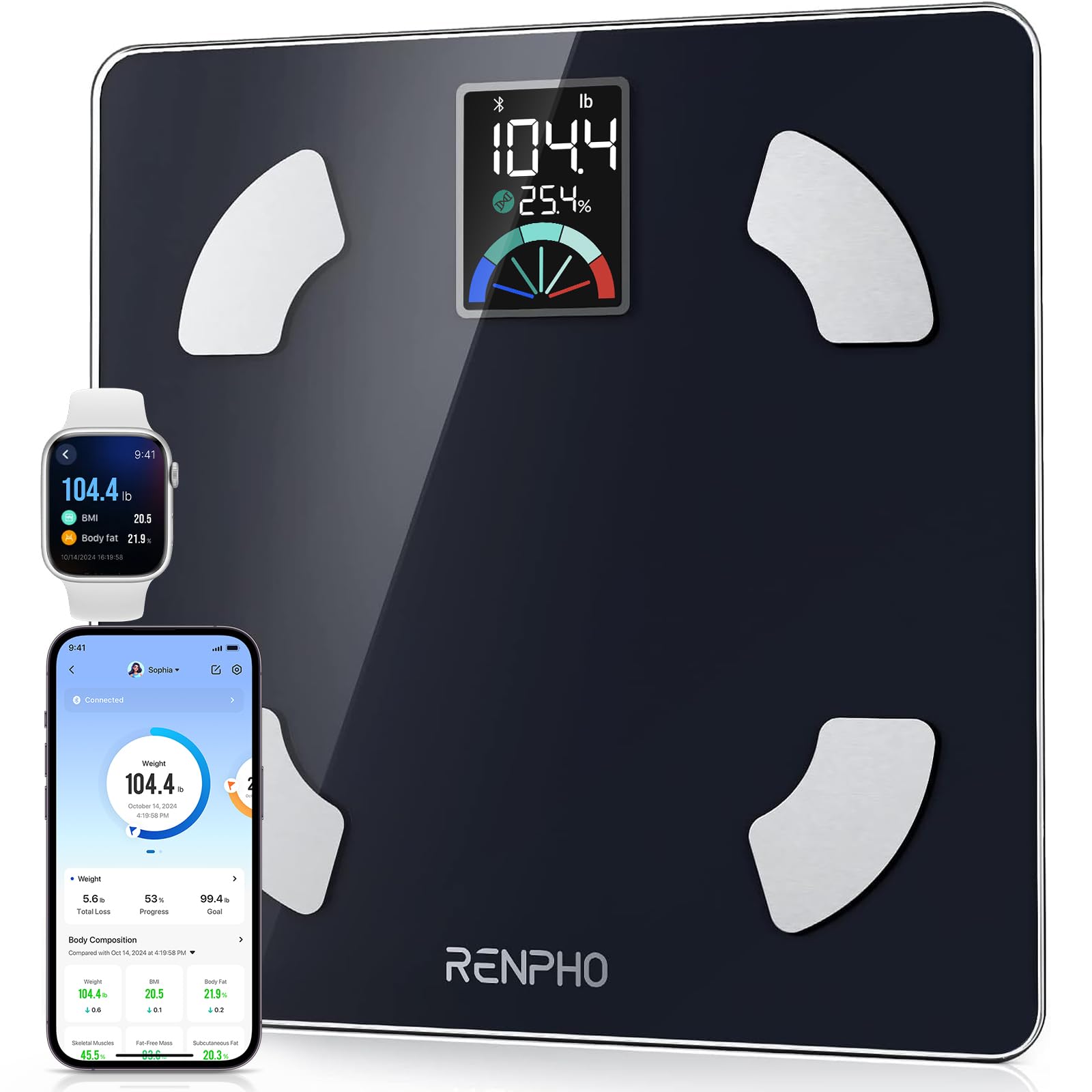 RENPHO Báscula inteligente para peso corporal, báscula de pesaje digital para baño con pantalla grande VA, báscula de grasa corporal de alta precisión, analizador de composición corporal de 13 con aplicación, 400 libras