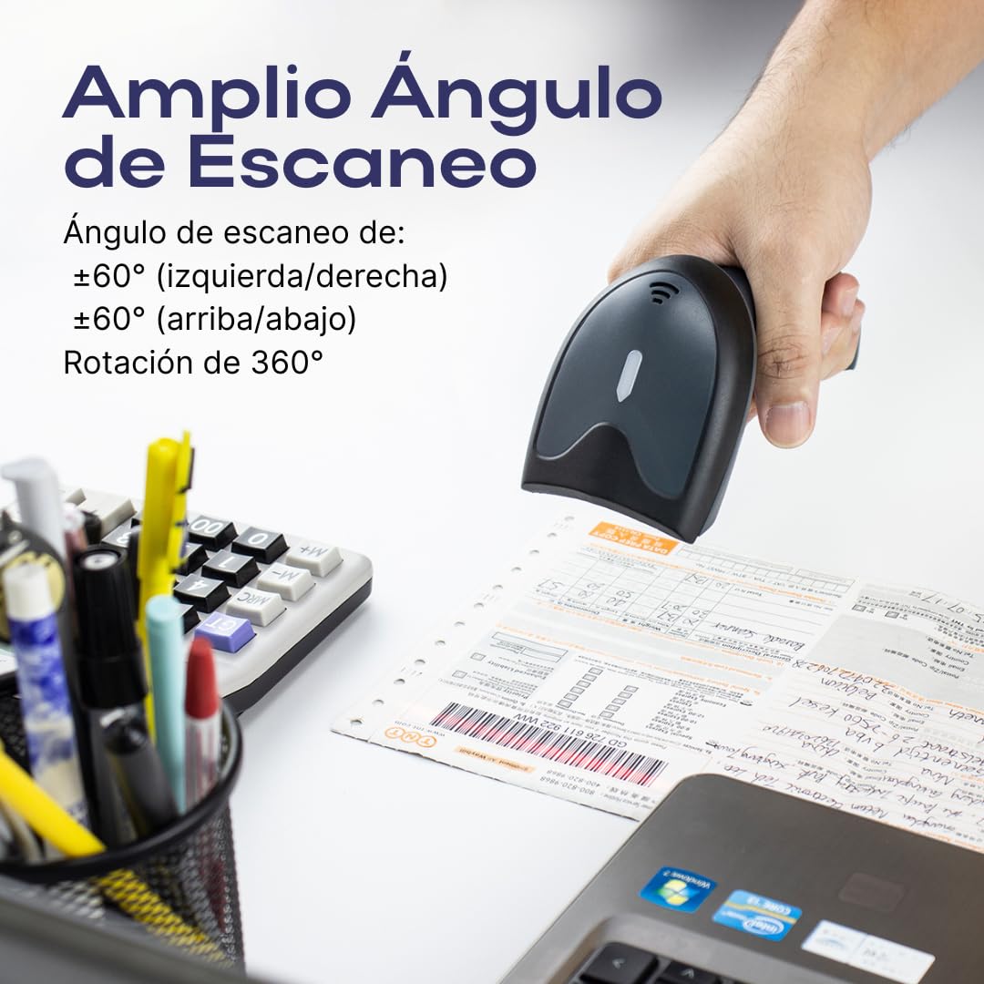 Escáner de Código de Barras 2D Inalámbrico Bluetooth Alta Velocidad 65m para Inventario y Punto de Venta