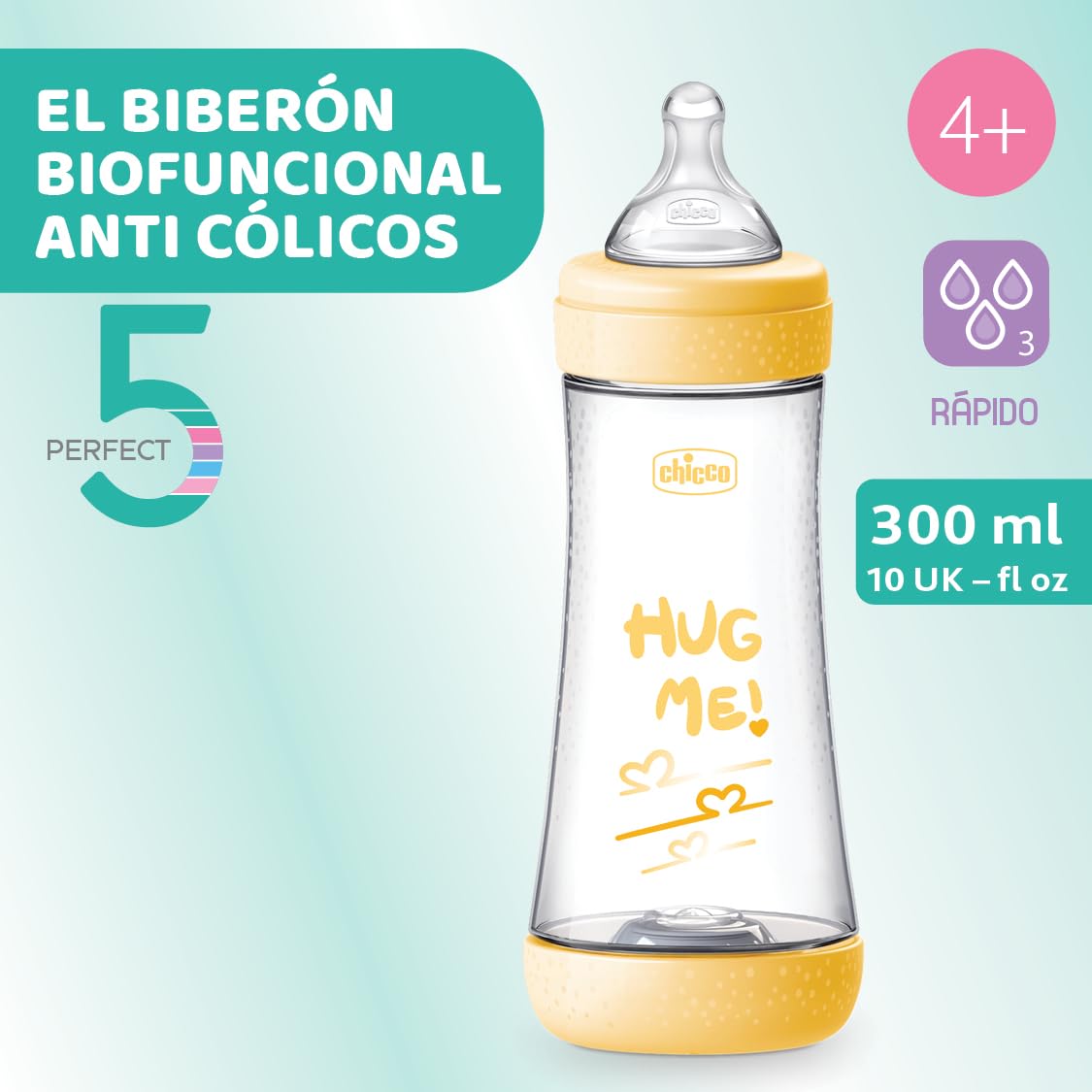 Chicco Perfect 5 Biberones Anticólicos con Tetina de Silicona de Flujo Rápido para Bebés 4 Meses, Biofuncional con Sistema Intuiflow, Color Amarillo, 300 ml