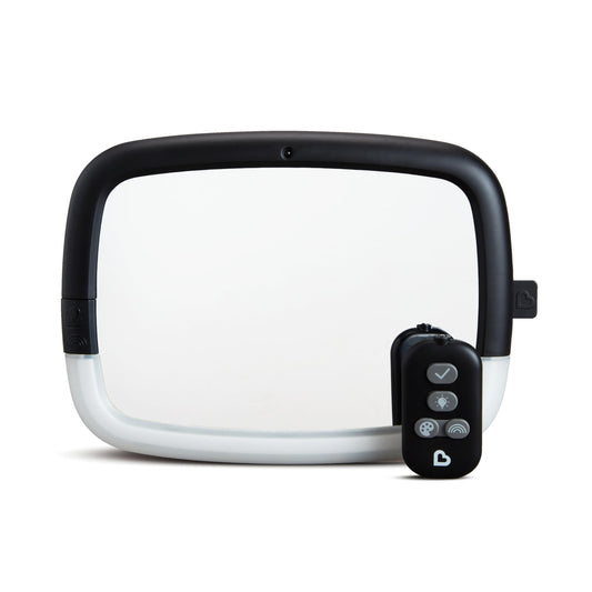 Munchkin - Espejo de coche para bebé orientado hacia atrás para asientos de coche, luz nocturna LED Pivot 360, espejo automático ajustable para bebé, color negro