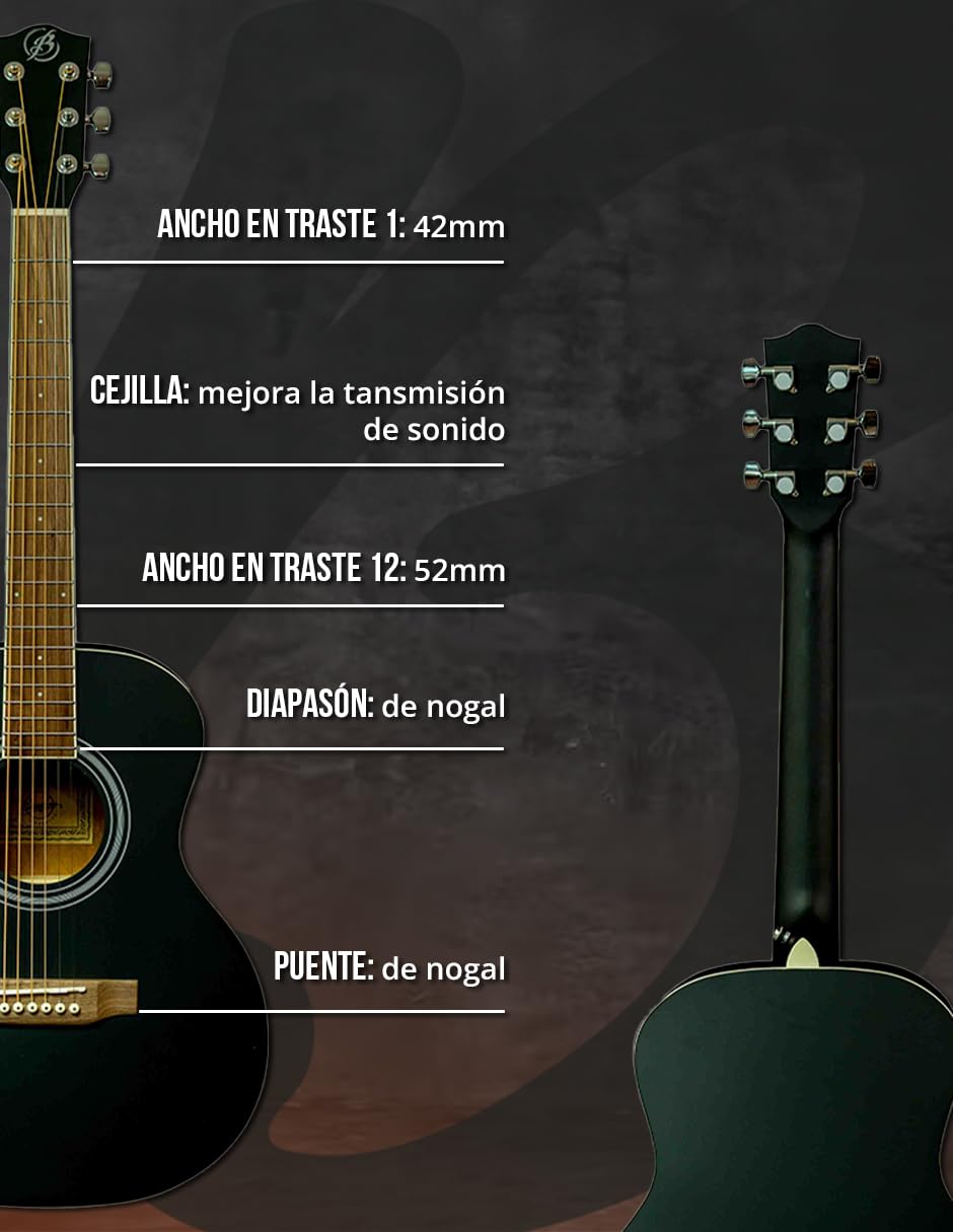 BAMBOO, Guitarra Acústica Vision Negra con Funda, 38 pulgadas, madera Linden