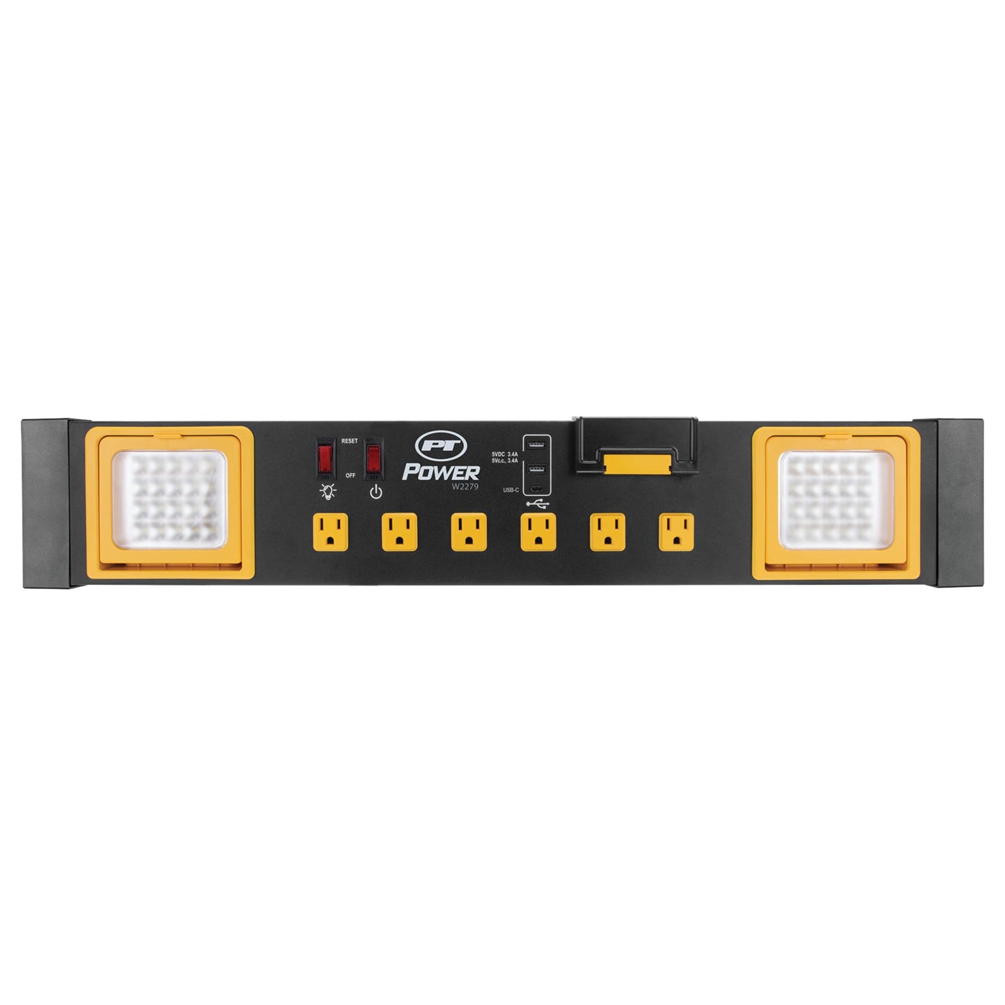Performance Tool W2279 Central eléctrica de Grado Comercial con 6 tomacorrientes, 2 Puertos USB, Cuna integrada y Luces LED, Ideal para talleres y garajes