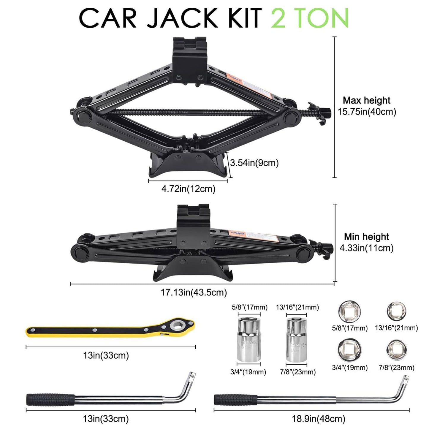 Gato de Tijera Vikarland Negro Kit Portátil para Coche de 2 Toneladas para Emergencias