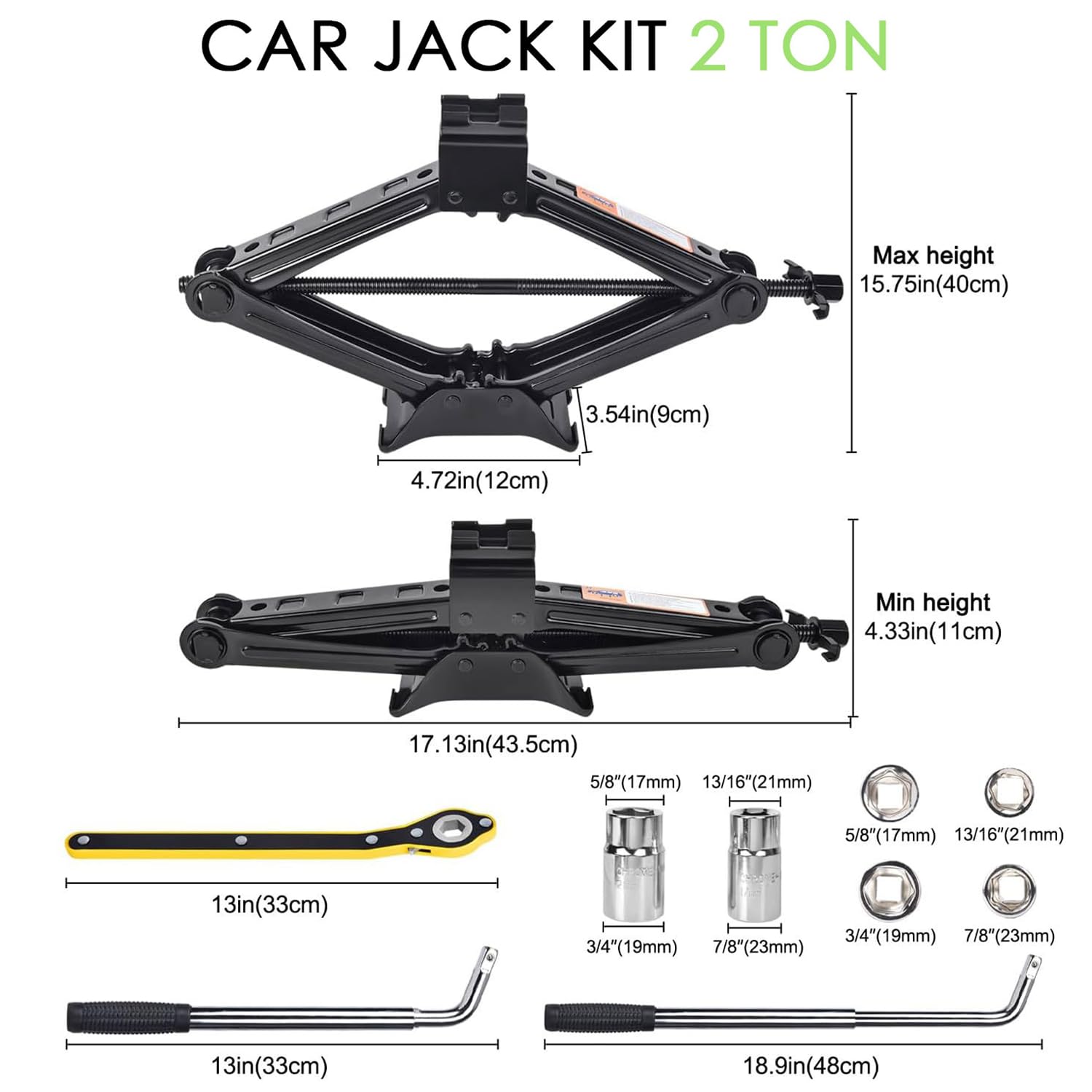 Gato de Tijera Vikarland Negro Kit Portátil para Coche de 2 Toneladas para Emergencias