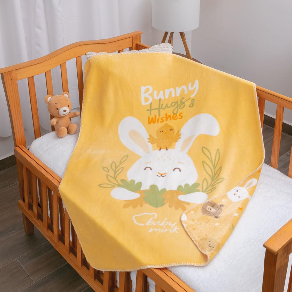 Baby Mink Cobertor Estampado Doble Vista para Bebé, Diseño Reversible con Personaje (Amarillo)