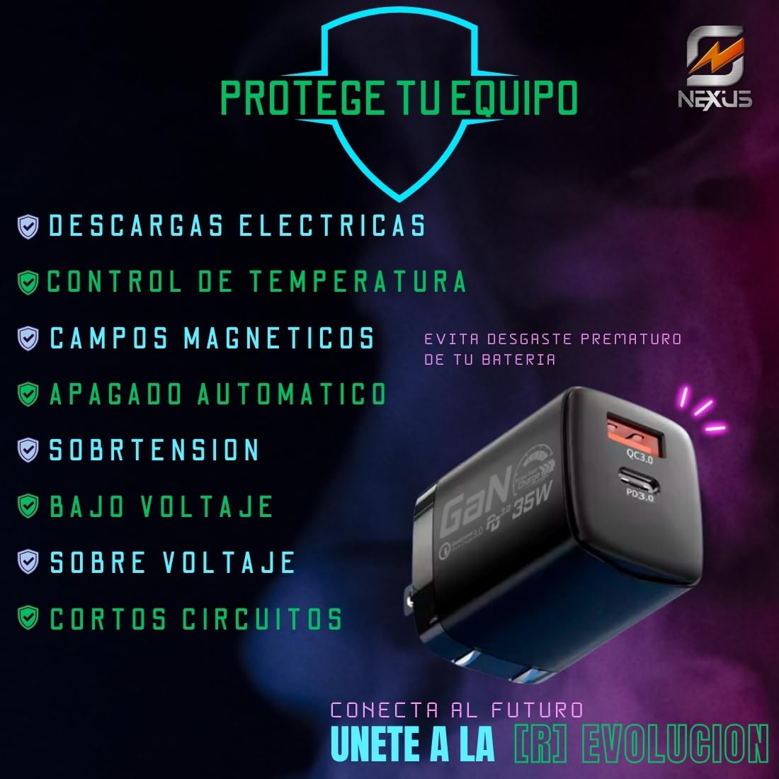 Cargador Celular Inteligente GaN Carga Rápida USB C 35W NEXUS Cable USB C 2m incluido Compatible con todas las marcas iPhone 12 al 15 Samsung S22 S23 S24 Xiaomi o Audífonos Tablets Drones Cámaras ipad