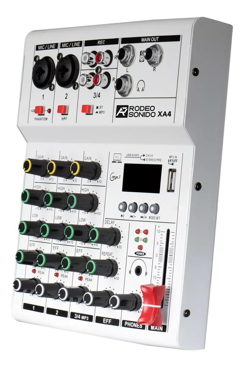 Mezcladora de Audio Profesional RodeoSonido XA4 Negra 4 Canales con Bluetooth y USB para DJ y Estudio