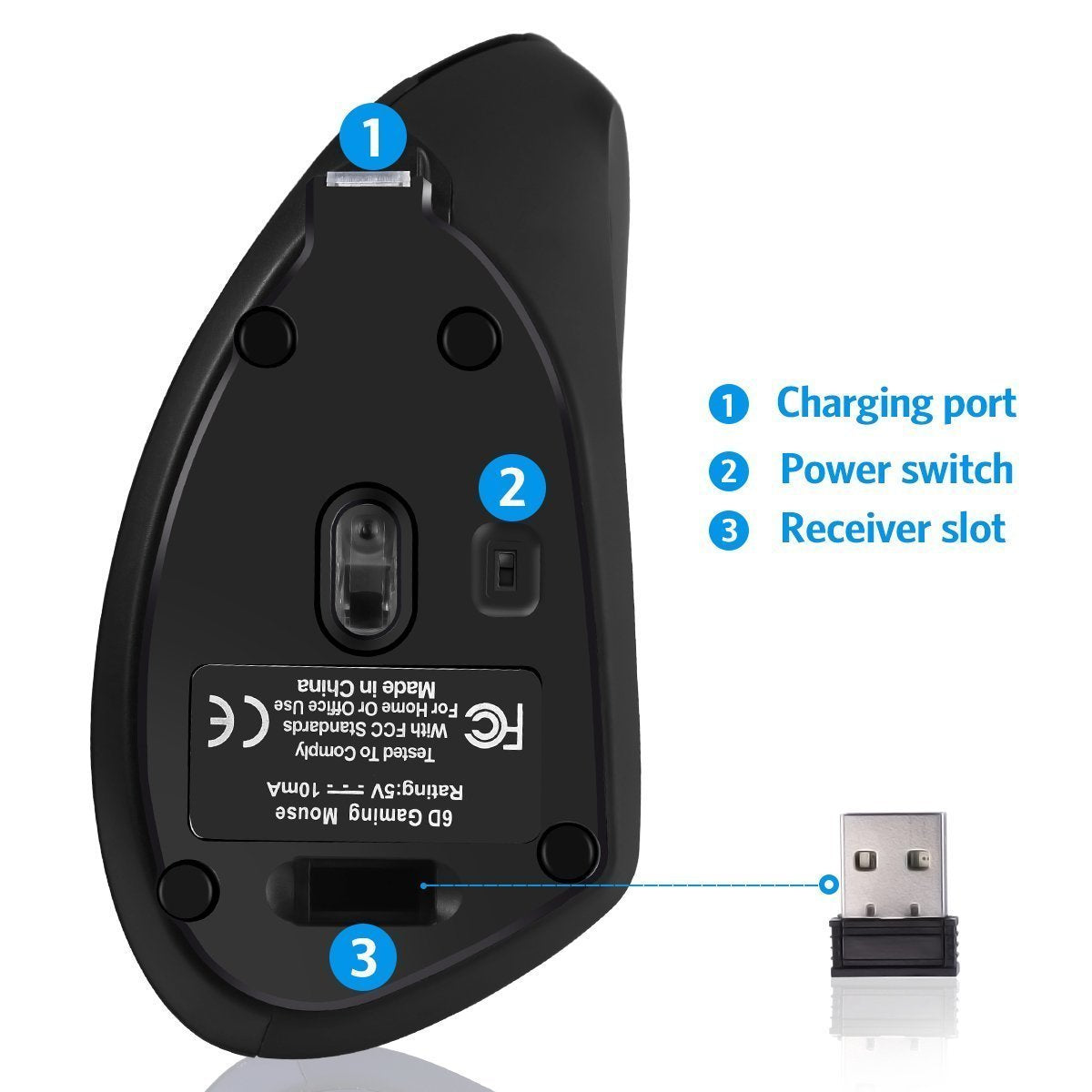Charlemain Ratón Vertical Inalámbrico Ergonómico Recargable USB Ratón, 2.4 G ratón óptico para PC/portátil/Mac 800/1200/1600 dpi 6 Partes de Control-Negro