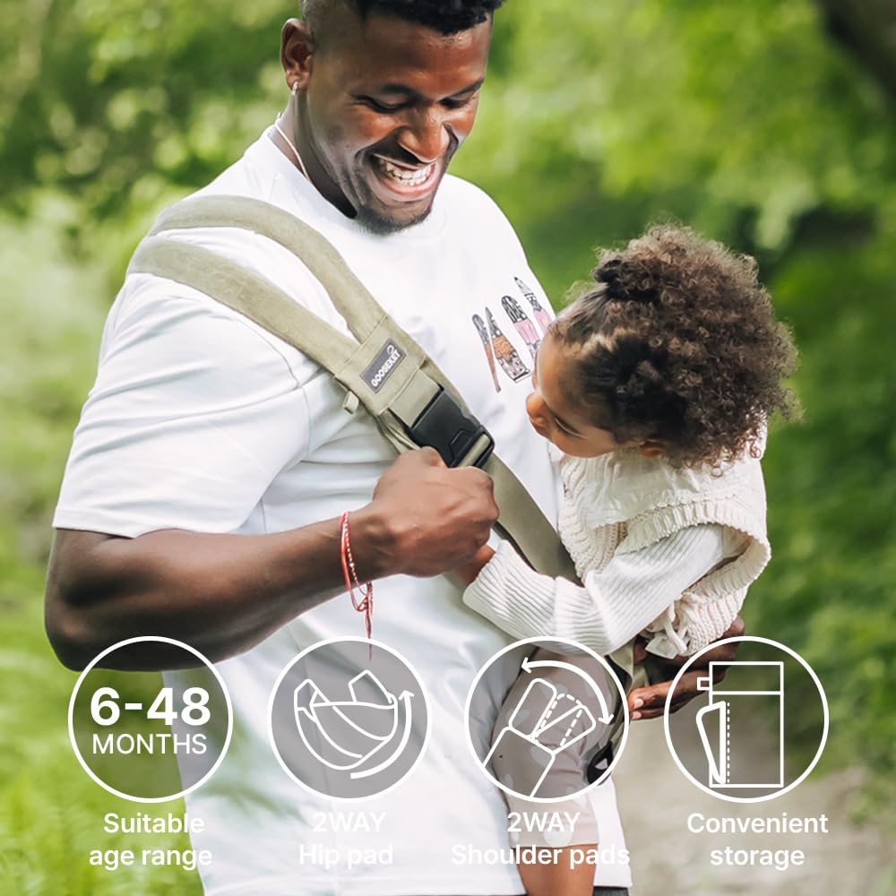GOOSEKET 365 - Portabebés para niños pequeños, 100% algodón, ligero, fácil de usar, portátil, adecuado de 6 a 48 meses, soporta hasta 44 libras (caqui)