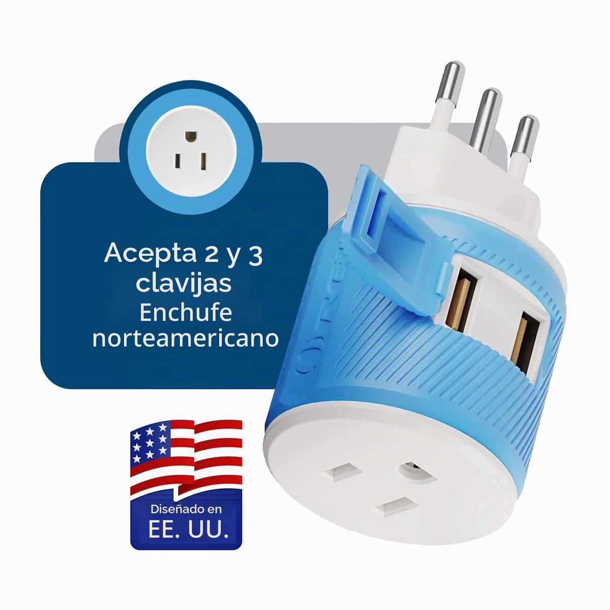 Adaptador de Enchufe de Viaje Orei Azul con Protección USB Dual Tipo L para Italia