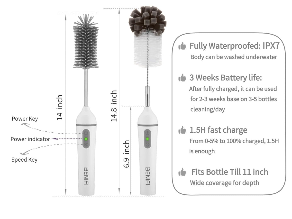 Benifi Electric Bottle Cleaner Pro, cepillo para polvo 11 en 1, estante de secado, cepillo para polvo de botella de esponja, limpiador de botellas de silicona, mezclador de fórmula, cepillo para polvo