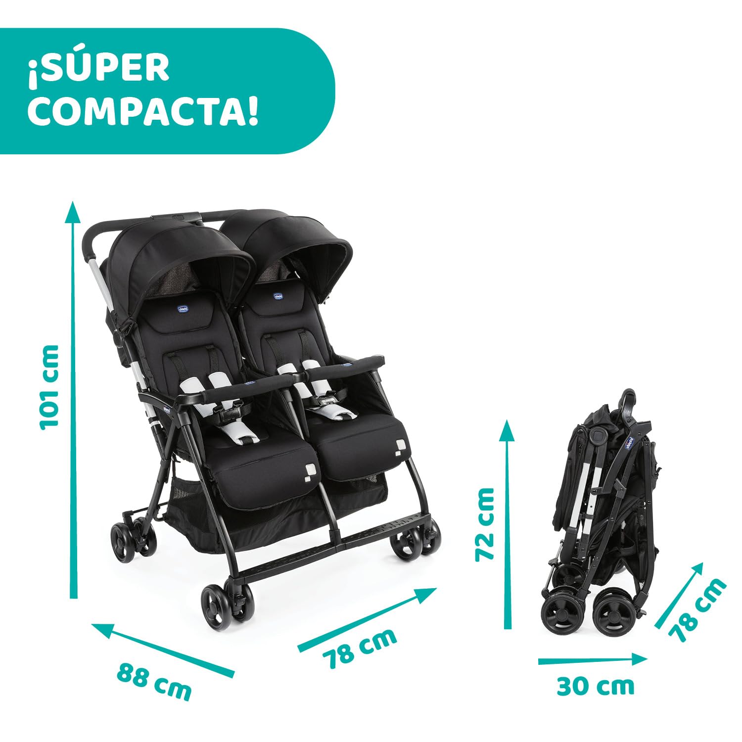 CHICCO, Carriola Gemelar Ohlalà Twin, Carriola Doble, Color Negro