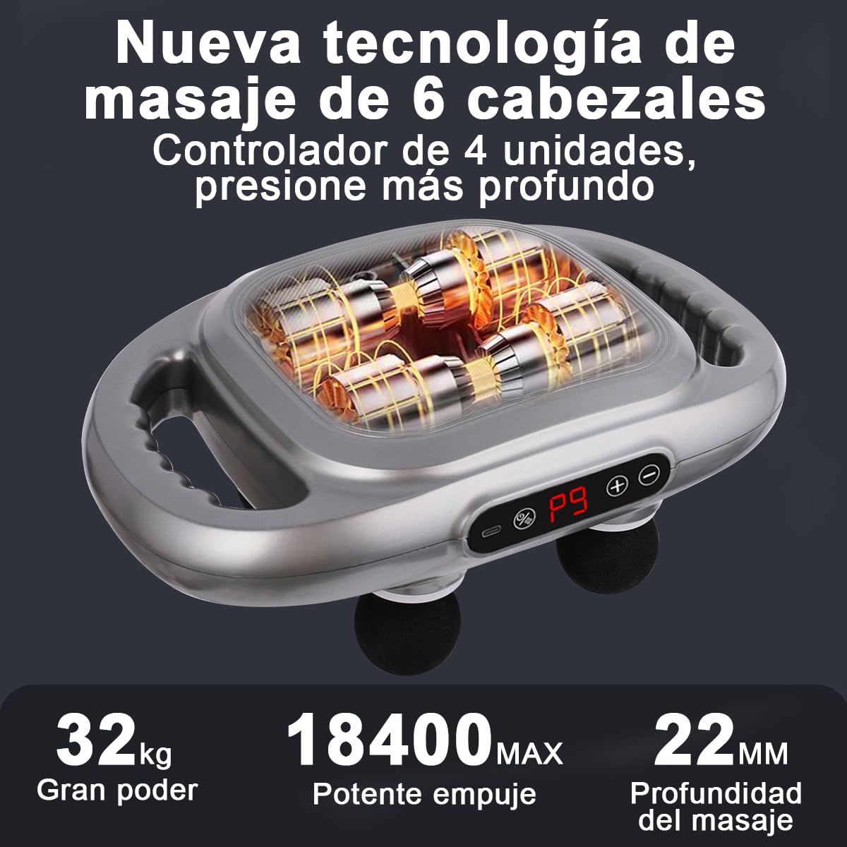 YUDSKU Pistola de Masaje de 6 Cabezas，Masajeador Eléctrico de Tejido Profundo Ajustable de 9 Modos Y 9 Niveles con Pantalla LCD, Masajeador Muscular de Cuerpo Completo con Múltiples Cabezas para Relajar Los Músculos Y Aliviar el Dolor(Gris)