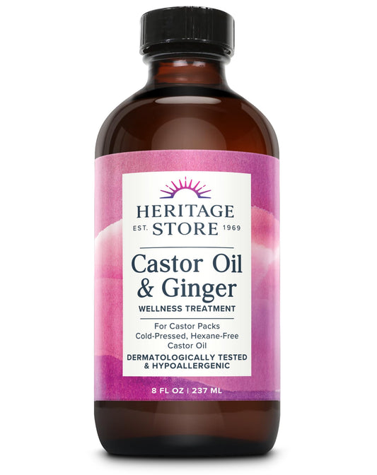 HERITAGE STORE Aceite De Ricino Y Jengibre - Compresa Térmica De Aceite De Ricino Orgánico Prensado En Frío - Para El Abdomen, Las Articulaciones Y El Bienestar General Con Jengibre Calmante - Hipoale