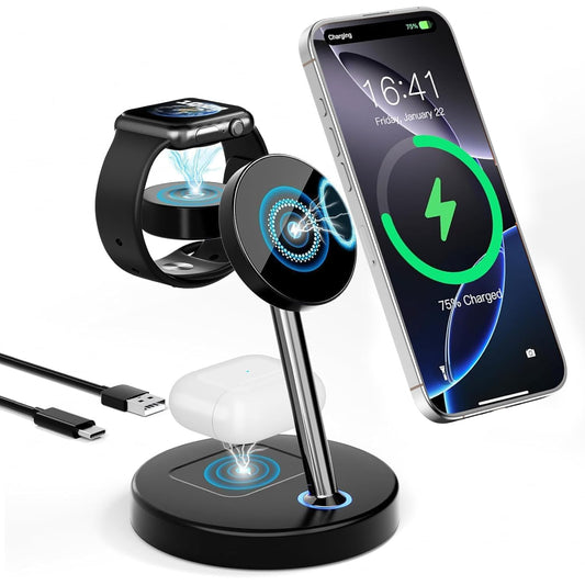 BVILY Cargador Inalámbrico Magnético, 20W Wireless Estación de Carga Inalámbrica 3 en 1 Compatible con Cargador MagSafe para i Phone 16 15 14 13 12 Pro MAX/Plus/Pro y AirPods/Apple Watch