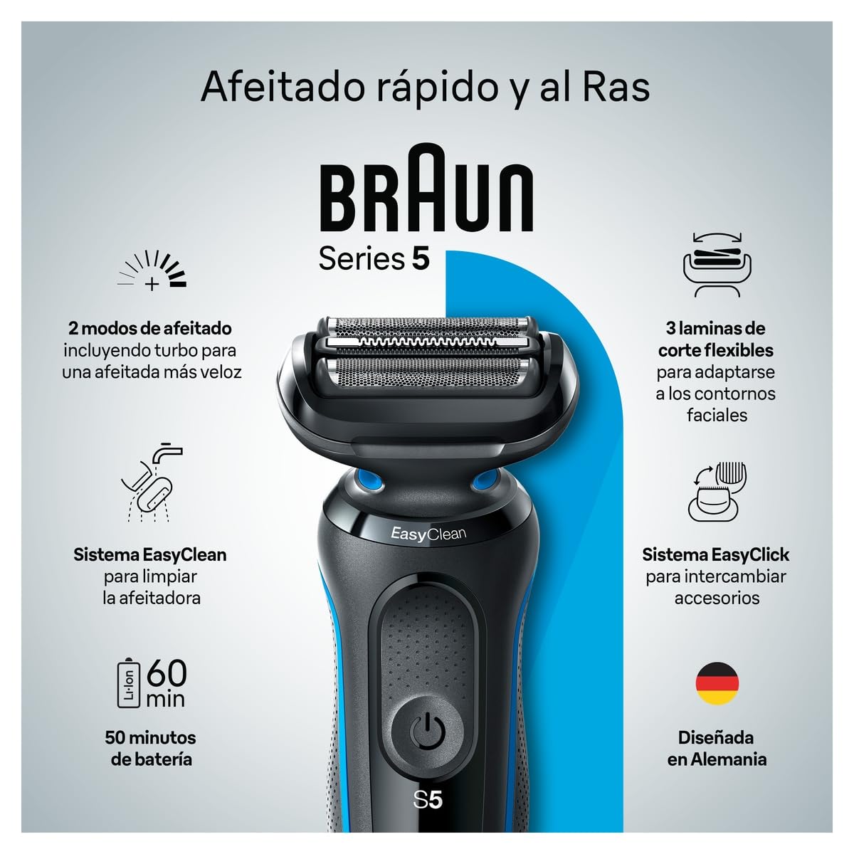 BRAUN Series 5 Afeitadora Eléctrica Para Hombre, Afeitado Al Ras, Uso en Seco y Humedo, Incluye Recortar de Precisión, 50min Batería + Carga Rápida