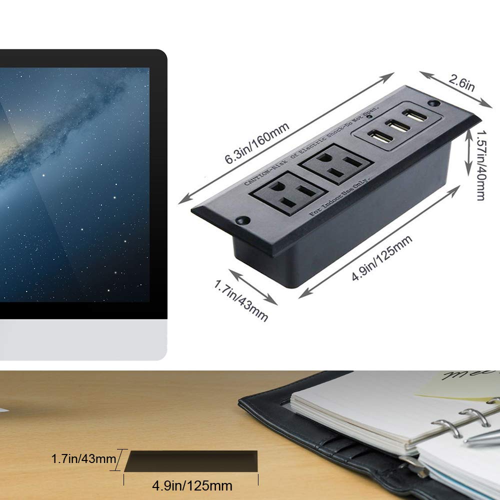 Enchufe empotrado para conferencias con puertos USB, tira de alimentación de mesa, estación de carga de computadora con 2 tomas de corriente y 3 puertos USB (máximo 3,5 A)
