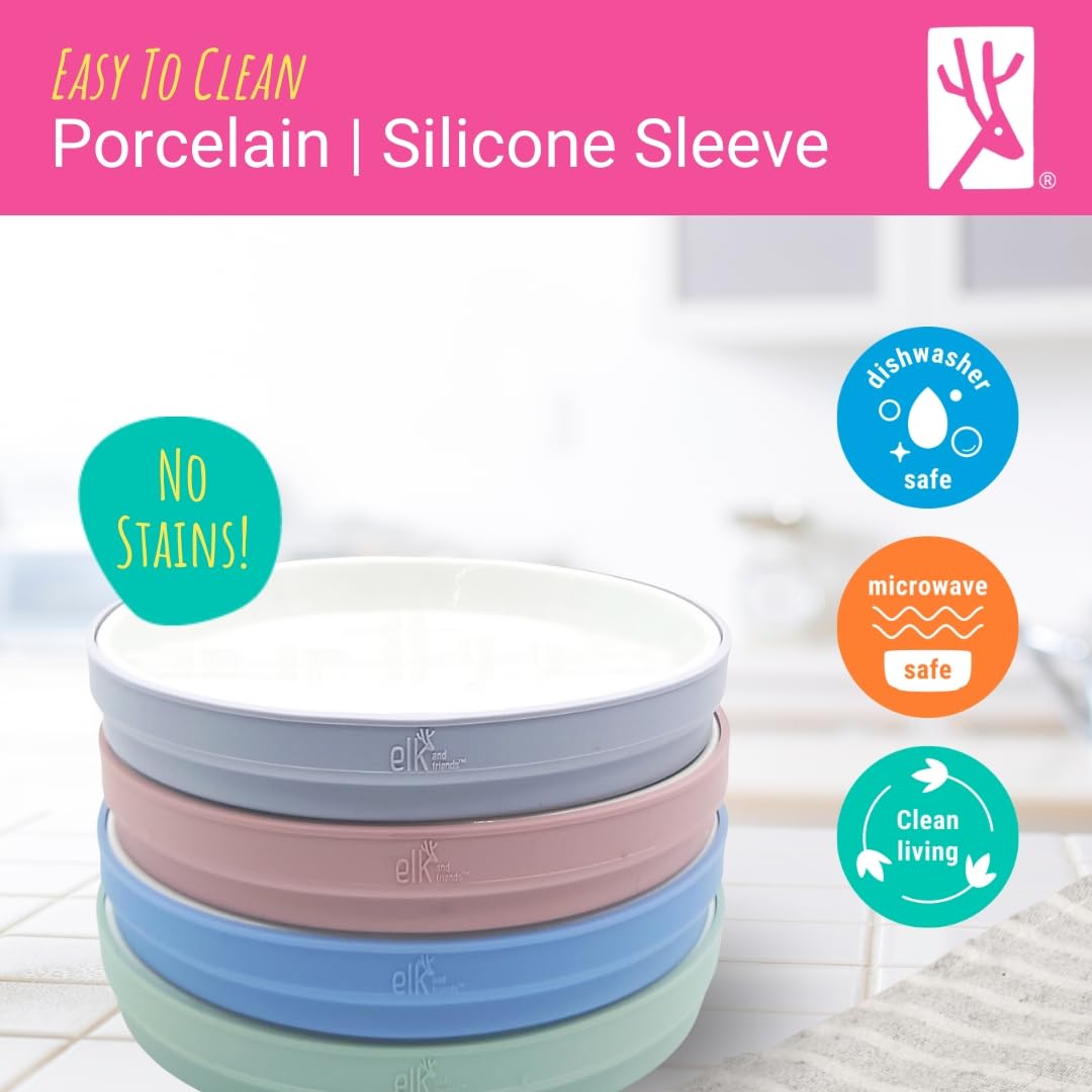 Elk and Friends Kids - Platos blancos de porcelana de 7.8 pulgadas con mangas de silicona, adecuados para bebés/niños pequeños, aptos para microondas y lavaplatos, vajilla antideslizante, platos de