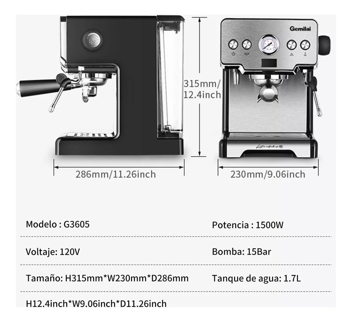 Gemilai Cafetera Espresso 15 Bar con Espumador de Leche, Máquina de Café Multifuncional con Control de Un Solo Toque y Sistema de Calentamiento Rápido, Ideal para Espresso, Capuchino y Más G3605
