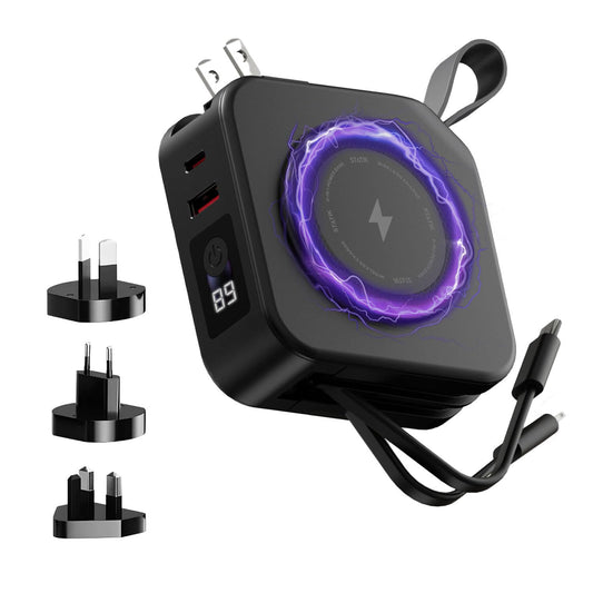 Banco de Energía STATIK SmartCharge 5 en 1 Blanco con Enchufe de Pared y Cables USB C Integrados Compatible con iPhone para Viaje Internacional 10000mAh