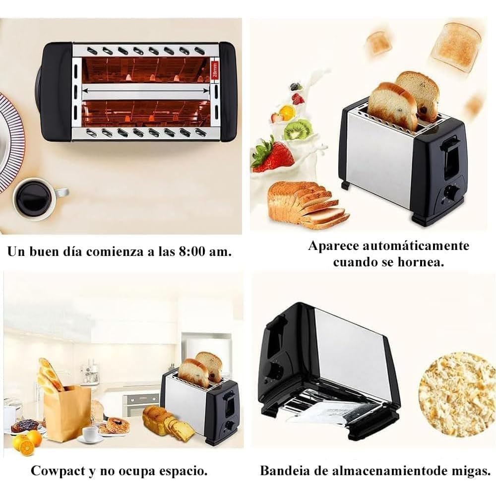 Tostador de Pan Calentadora de Acero Inoxidable - Tostadora Compacto de Pan con Bandeja de Migas Extraíble, Uesta 2 Rebanadas, 6 Configuraciones, 650W Potencia, para Recalentar y Descongelar