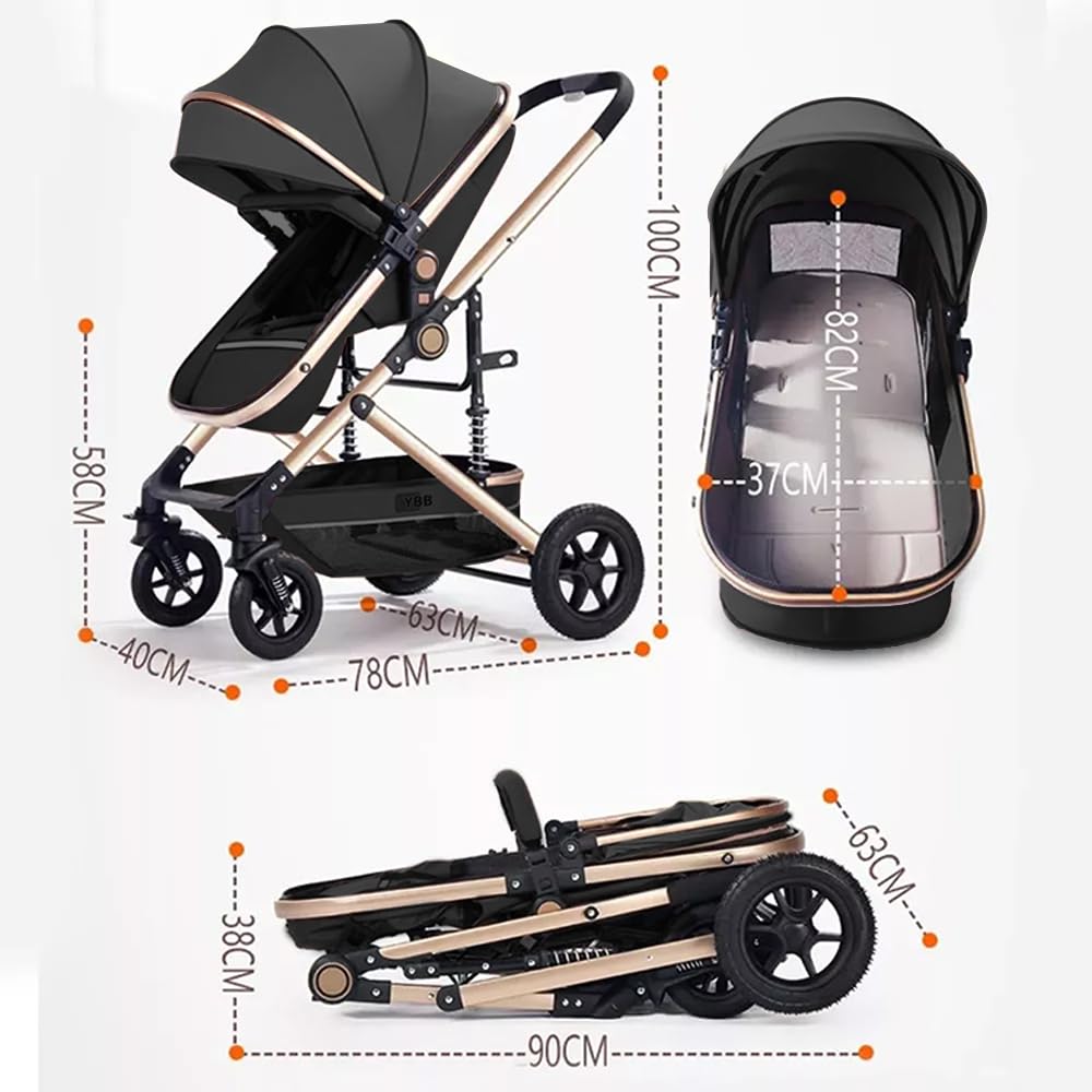 FINYQBET Carrito De Bebé Plegable Universal Para Cuatro Estaciones Sillas De Paseo para Bebés De Alta Vista para Bebés Recién Nacidos, Implementación Bidireccional Multifuncional Y Segura Negro
