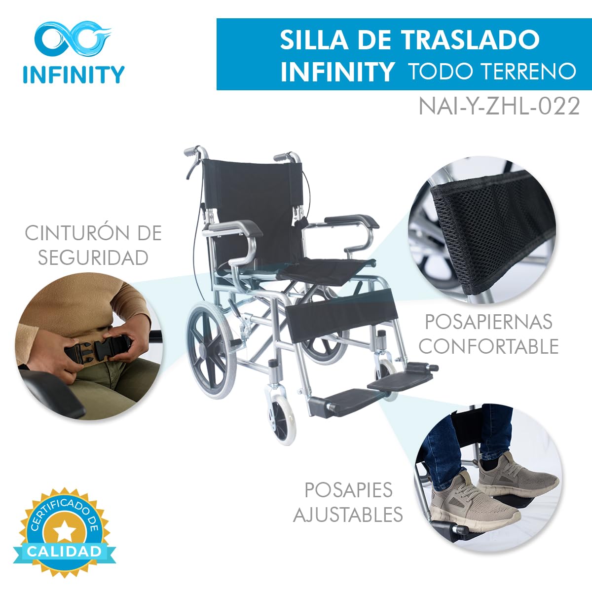 INFINITY | Silla de Ruedas de Traslado Plegable con Freno en Agarradera y Cinturón de Seguridad (ROJO)