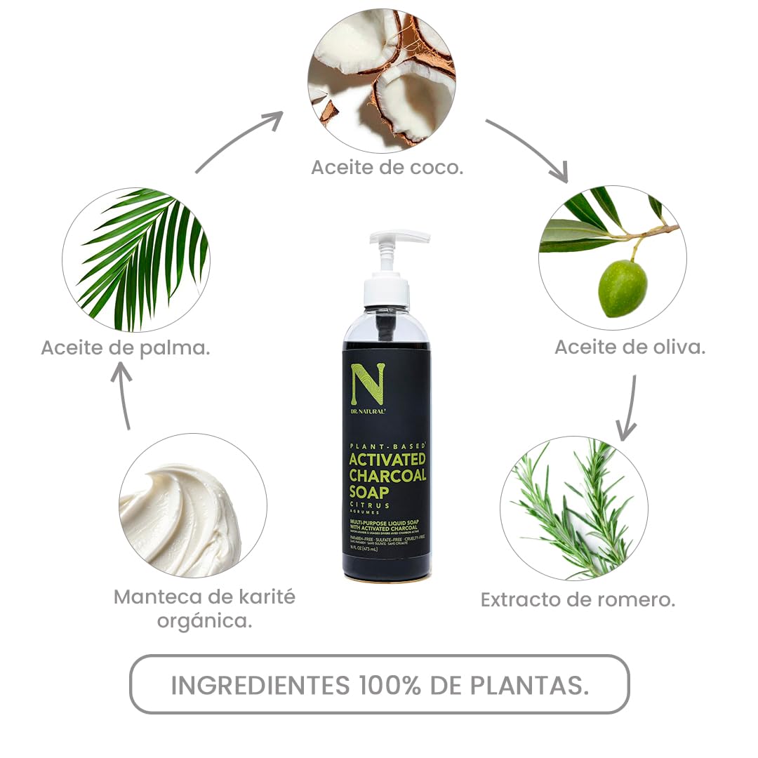 Dr. Natural Jabón Liquido Facial y para Cuerpo con Carbón Activado | Exfoliante Corporal y Facial | Natural, Vegano y Orgánico | Hecho de Plantas Con Aceite de Oliva y Coco, Manteca de Karité y Romero (473 ml, Cítricos)