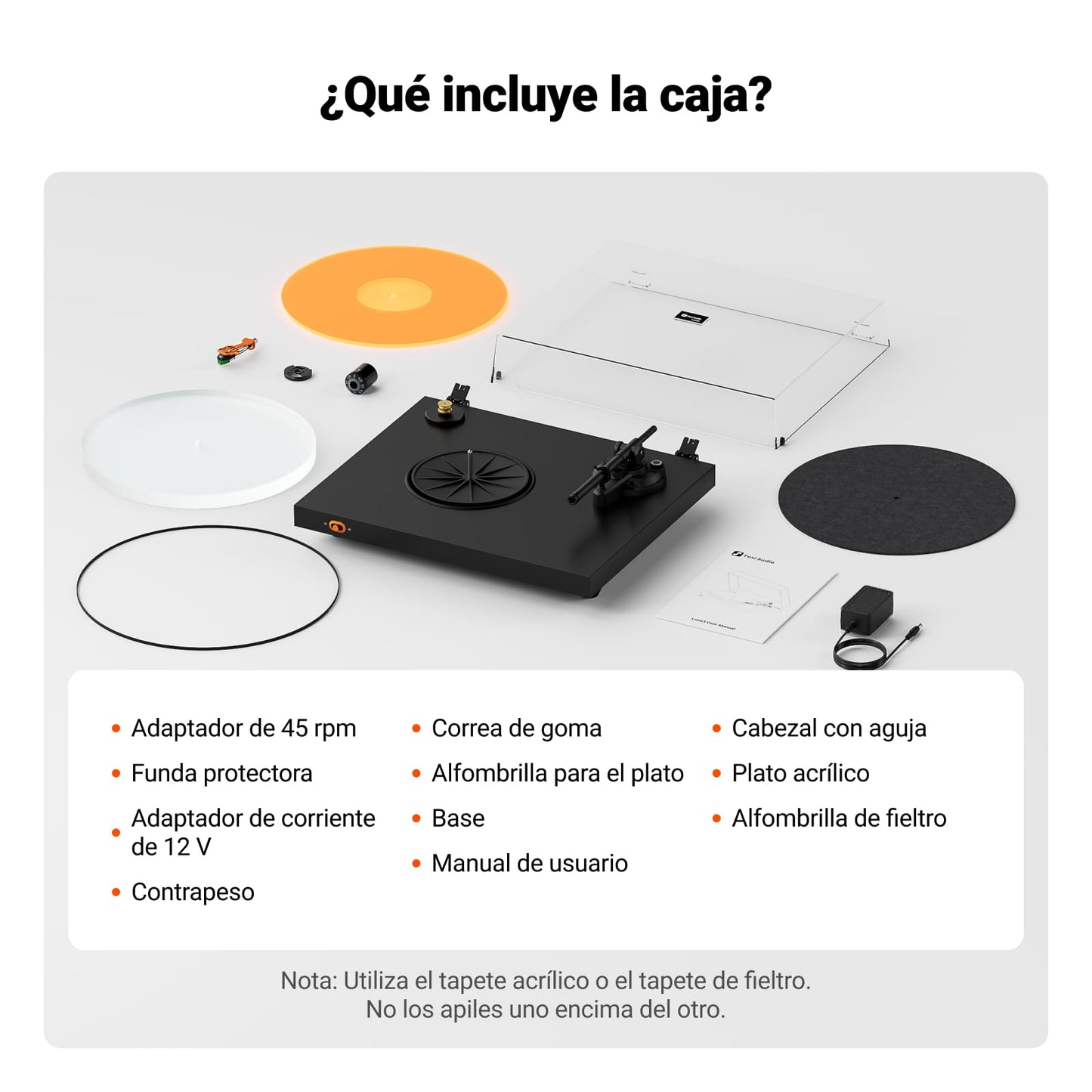 Fosi Audio Luna3 Tocadiscos estéreo impulsado por correa y reproductor de discos de vinilo de alta fidelidad con cartucho VM95E | Totalmente manual | 2 RCA | 2 velocidades | Anti-resonancia |
