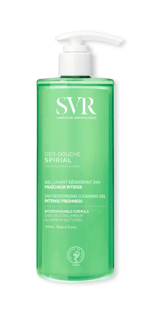SVR Spirial Deo Douche Gel Limpiador Desodorante para Rostro, Cuerpo e Higiene Íntima externa | Frescura hasta por 24 Horas | Con Complejo Probiótico | Todo Tipo de Piel | 400 ml