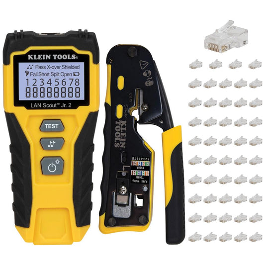 Klein Tools 80072 RJ45 Kit de probador de cables con LAN Scout Jr. 2, crimpadora coaxial, pelacables, herramienta de corte y enchufe de datos modular de paso