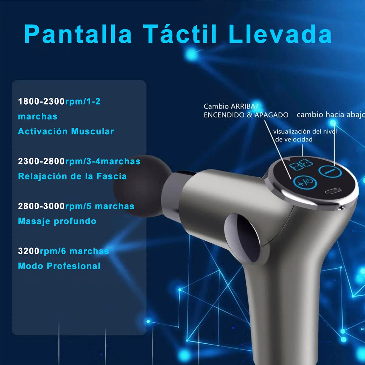 Pistola de Masaje, Mini Pistola Masaje Muscular con 32 Niveles Ajustable, Masajeador de percusión de Tejido Profundo silencioso con 8 Cabezales de Masaje, USB Recargable