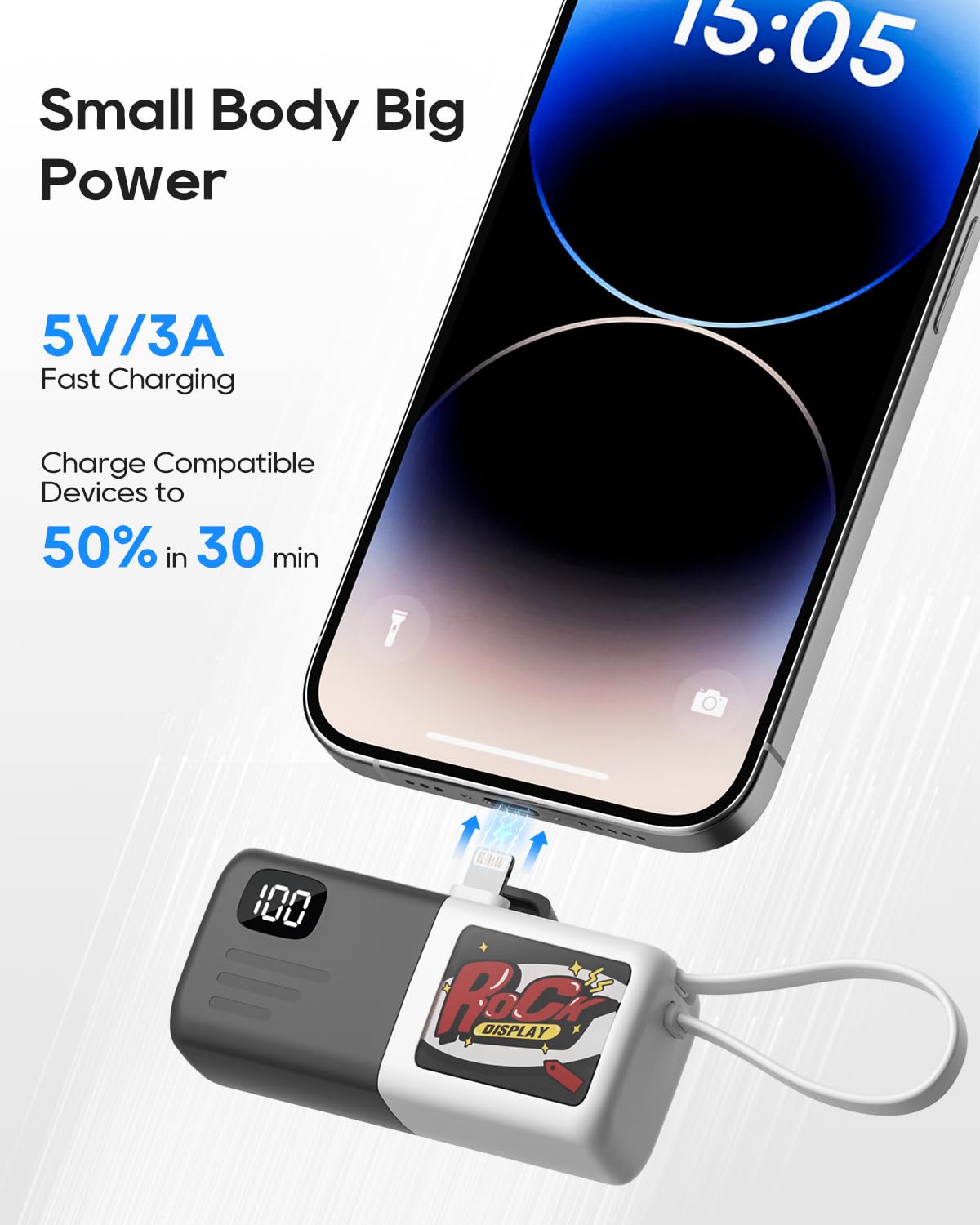 Kuulaa Mini bateria Portatil iPhone de 5000mAh con Conector Lightning y USB-C Integrado Batería Externa Power Bank Ultracompacta (tamaño lápiz Labial) Carga Rápida de 15W Pantalla Digital (Grey)