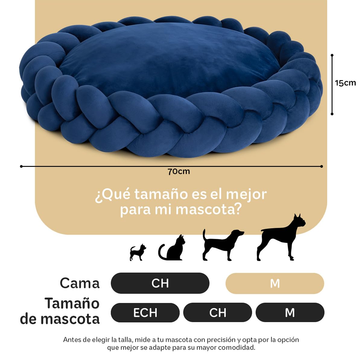 Cama Redonda Esquimal Azul Marino Mediana Trenzada y Lavable para Perro y Gato