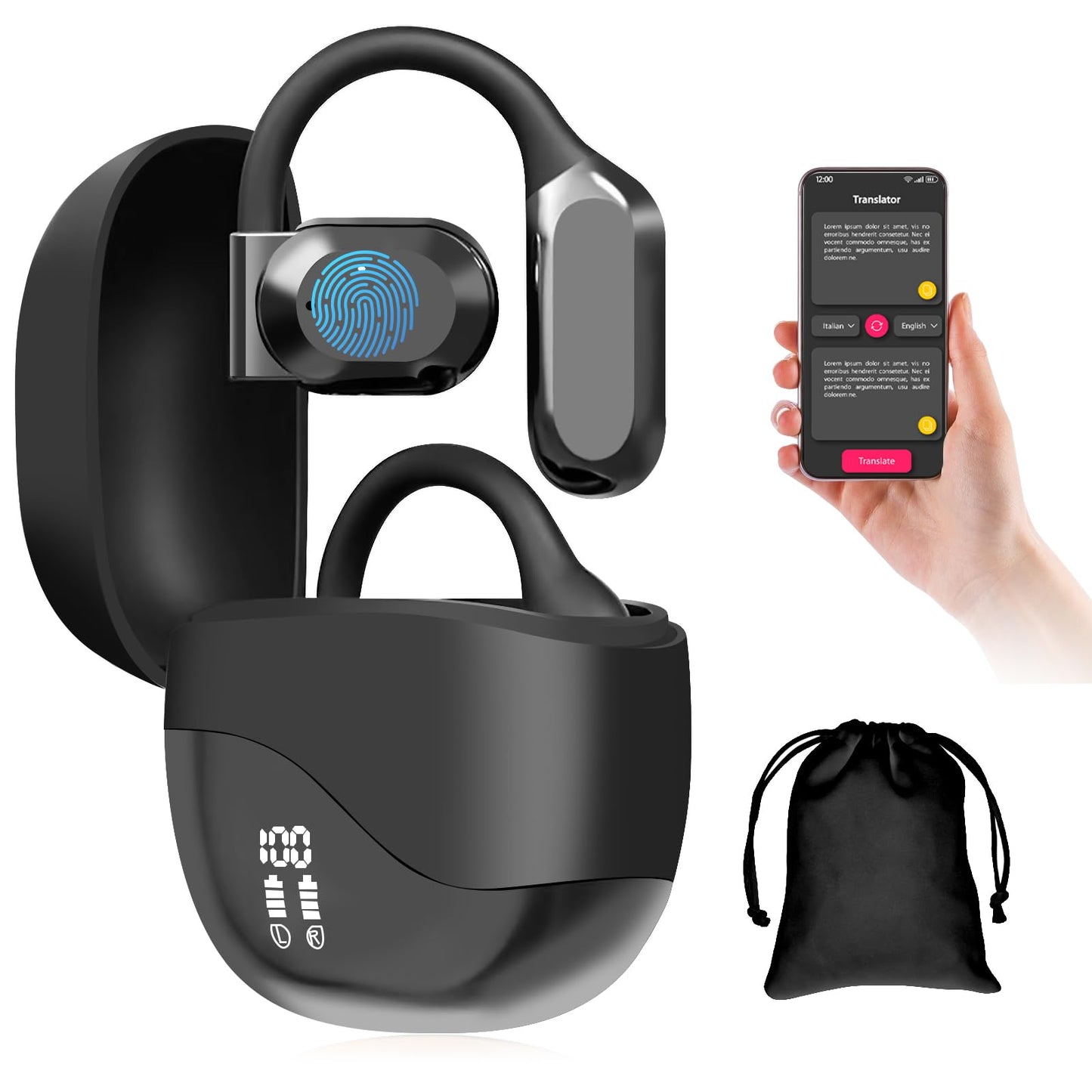Audífonos Traductor Automática AI Negro con 144 Idiomas Bluetooth 5.4 para Viajes, Negocios y Aprendizaje